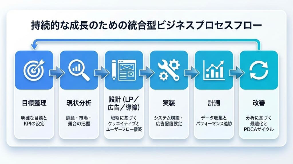 支援プロセスのフロー図：目標整理 → 現状分析 → 設計（LP／広告／導線） → 実装 → 計測 → 改善